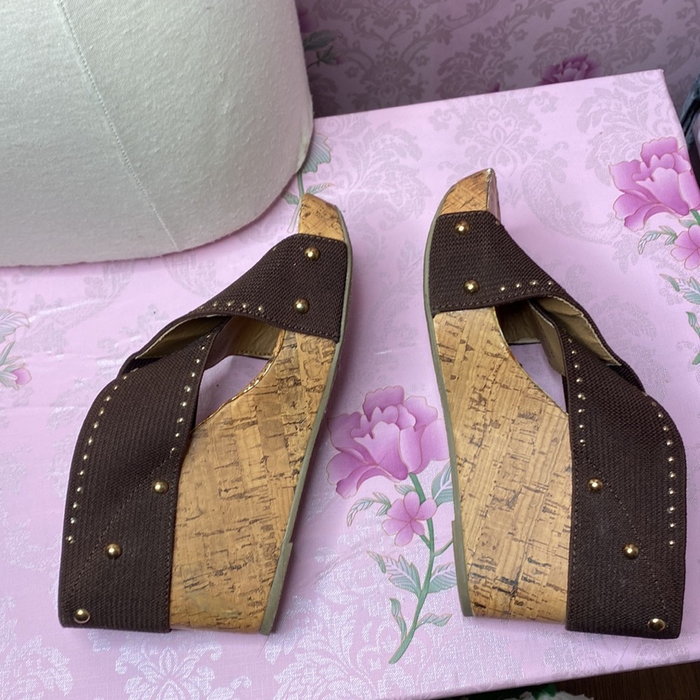 🌹 Montego Bay Club 🌹 NWOT Brown Corkscrew Slip On Platform Wedge Sandals - Picture 8 of 10